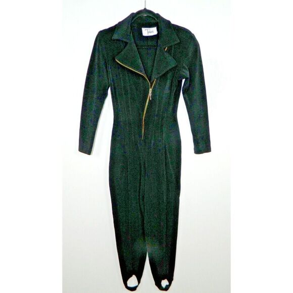 Vintage Tadashi Jumpsuit Size Small Black Gold Font Moto Zip Stirrup Long Sleeve